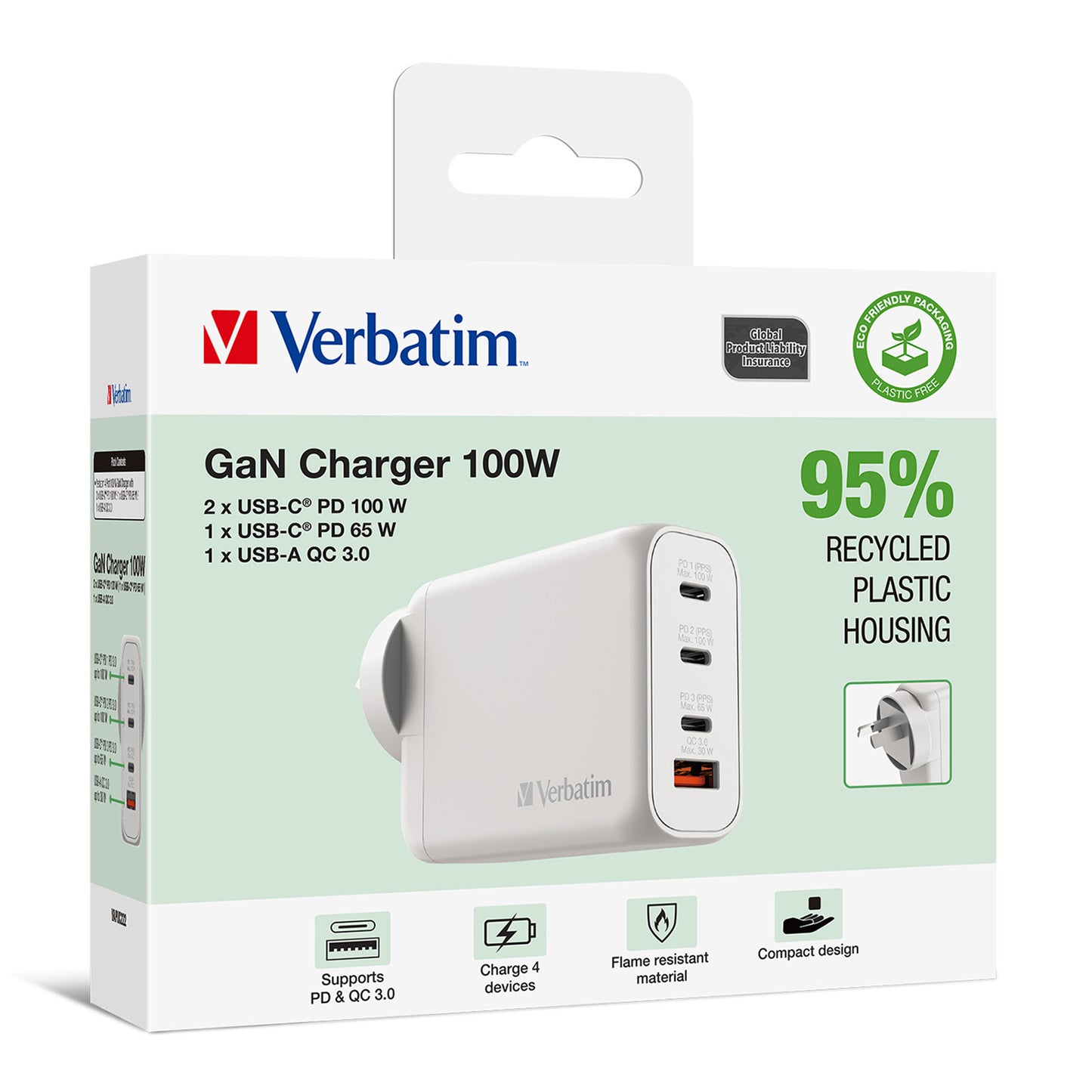 Verbatim 66966 GaN 4-Port Fast-Charger 100W with 3x USB-C and 1x USB-A Port