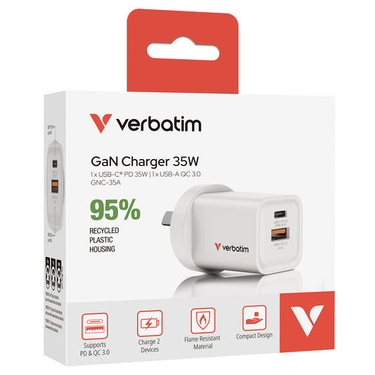 Verbatim 67015 35W 2-Port GaN Charger | 1x USB-C and 1x USB-A (White)