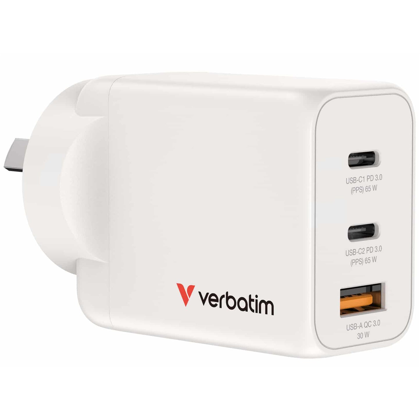 Verbatim 67016 GaN 3-Port Fast-Charger 65W with 2x USB-C and 1x USB-A Port