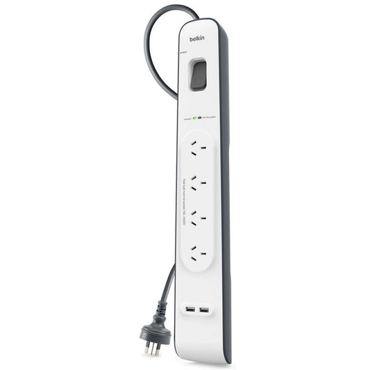 Belkin 4-Outlet Surge Protection Strip with 2x USB-A 2.4 Amp Charging Ports (White/Grey)
