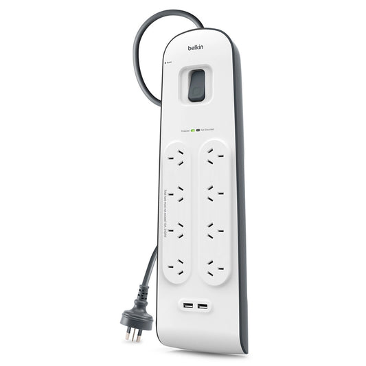 Belkin 8-Outlet Surge Protection Strip with 2x USB-A 2.4 Amp Charging Ports (White/Grey)