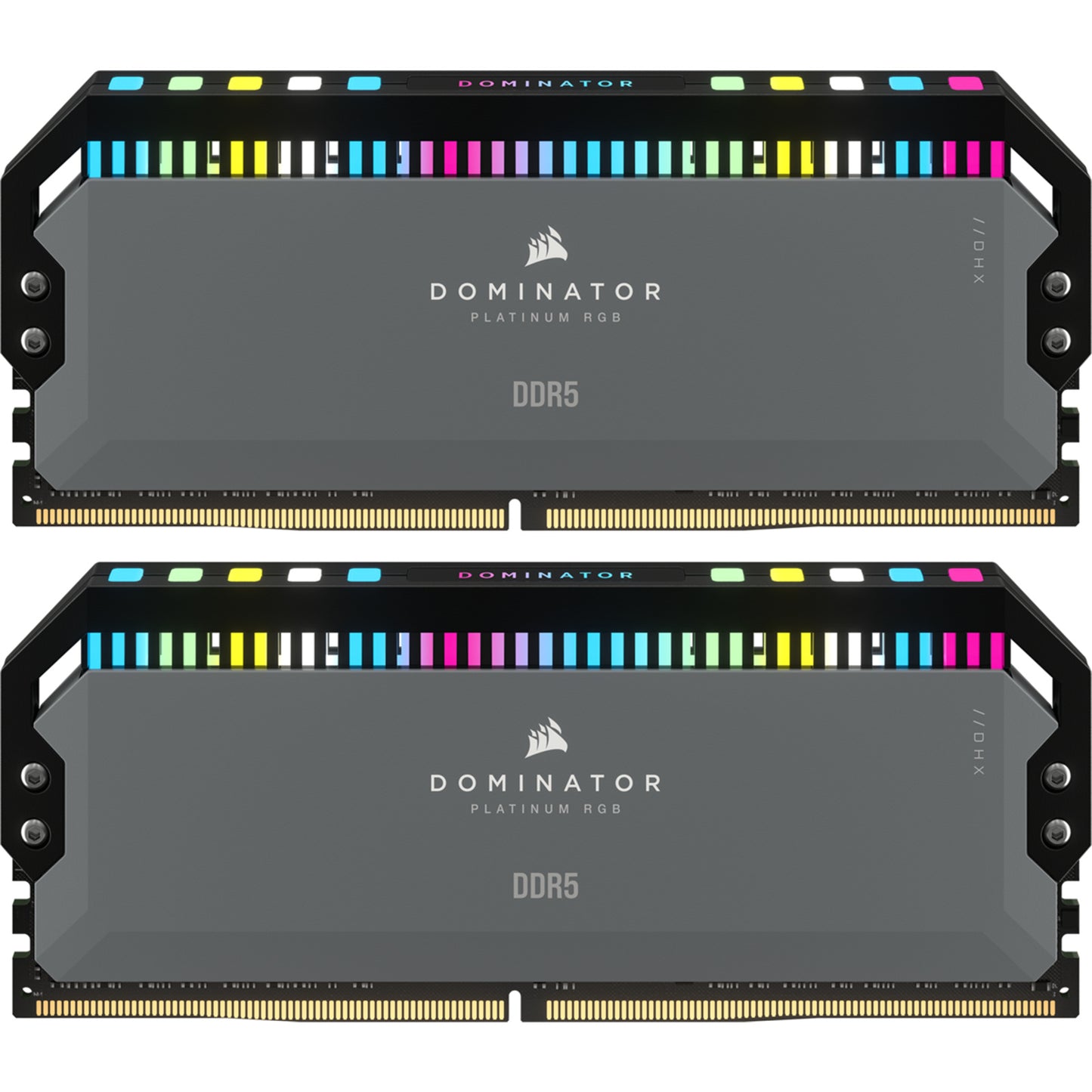 Two Corsair Dominator Platinum RGB DDR5 memory modules on a white background