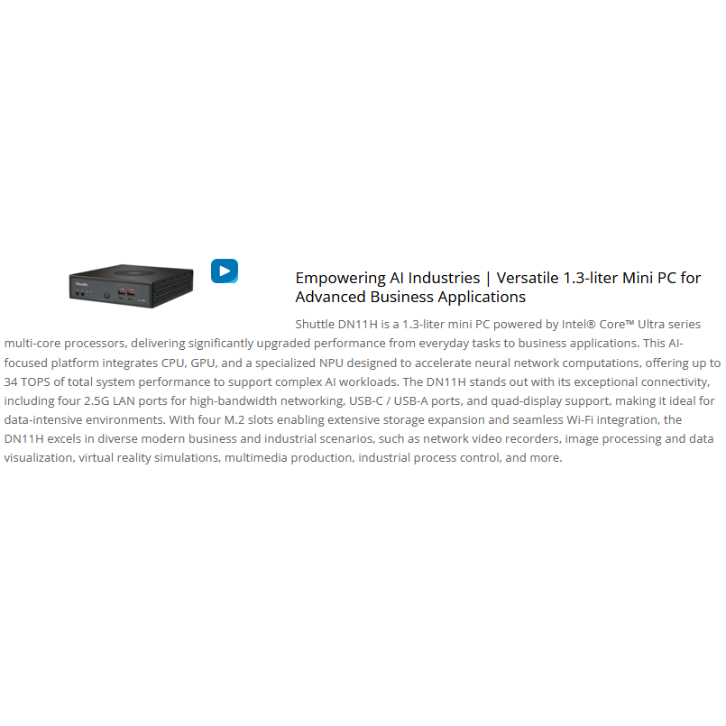Shuttle AI XPC DN11H7 Intel Core Ultra 7 155H DDR5 M.2 Slim Computer Barebone Mini PC
