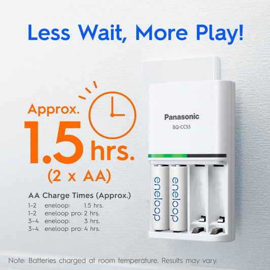 Panasonic Eneloop AA & AAA Battery Quick Charger + 4 AA Eneloop Pro Batteries (K-KJ55HCC4TA)