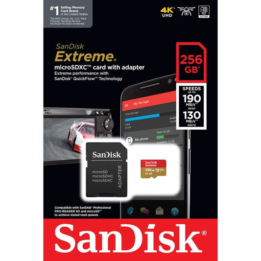 SanDisk Extreme MicroSDXC 256GB V30 U3 C10 A2 UHS-I SQXAV Memory Card