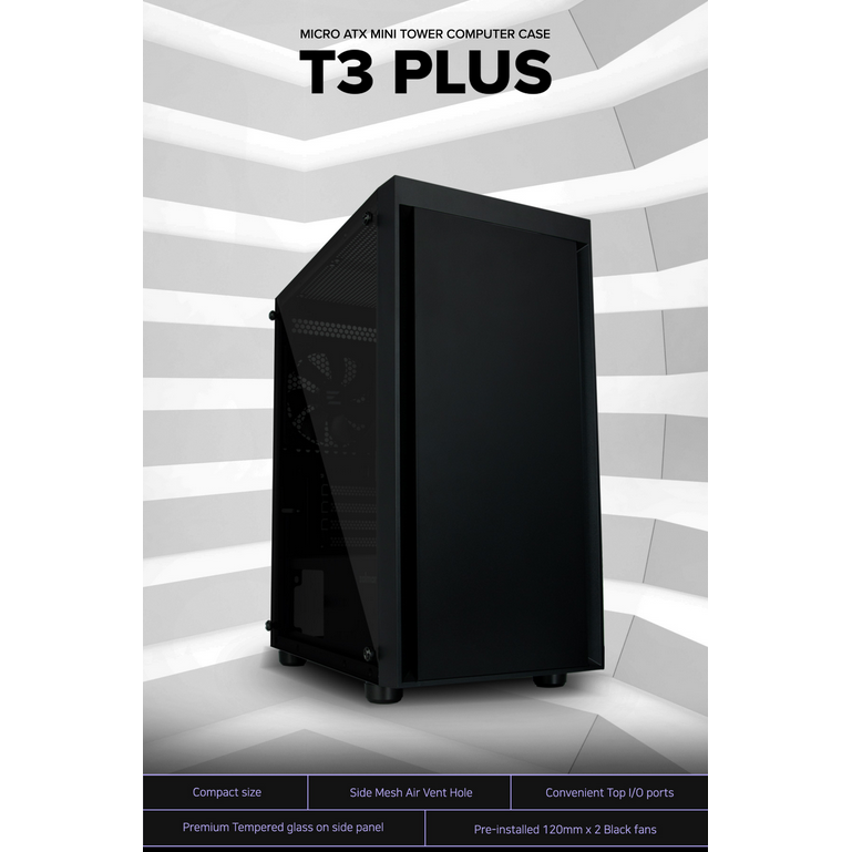 Zalman T3 Plus mATX Mini Tower PC Case with Tempered Glass Side Panel (Black)