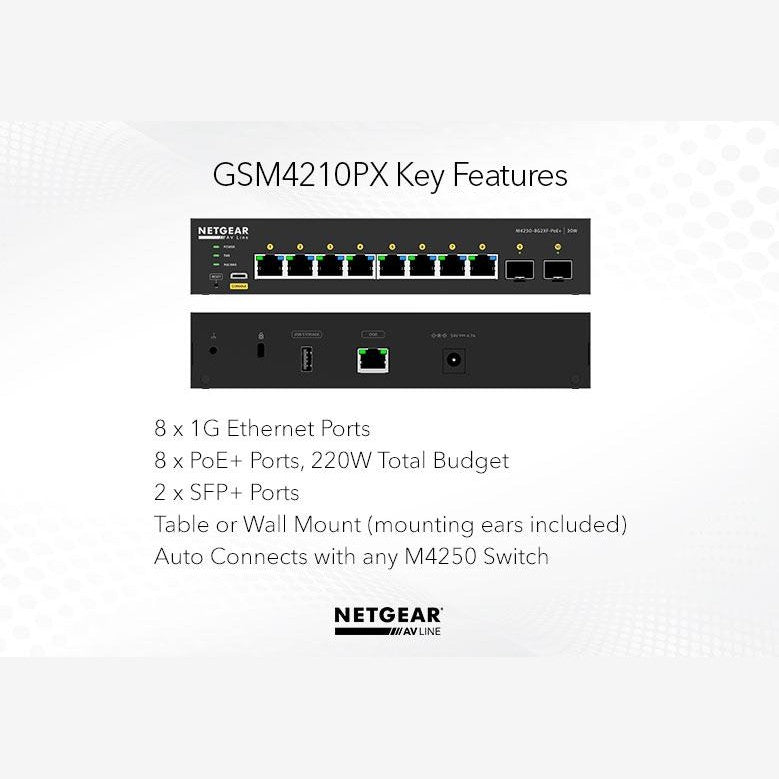 Netgear GSM4210PX-100AUS M4250-8G2Xf-POE+ Desktop Managed Switch 8x 1G POE+ 220W and 2x 10G SFP+ AV Line (GSM4210PX)
