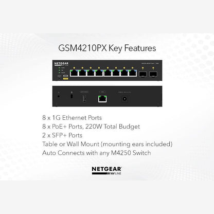 Netgear GSM4210PX-100AUS M4250-8G2Xf-POE+ Desktop Managed Switch 8x 1G POE+ 220W and 2x 10G SFP+ AV Line (GSM4210PX)