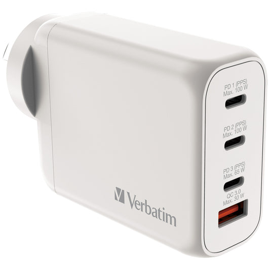 Verbatim 66966 GaN 4-Port Fast-Charger 100W with 3x USB-C and 1x USB-A Port