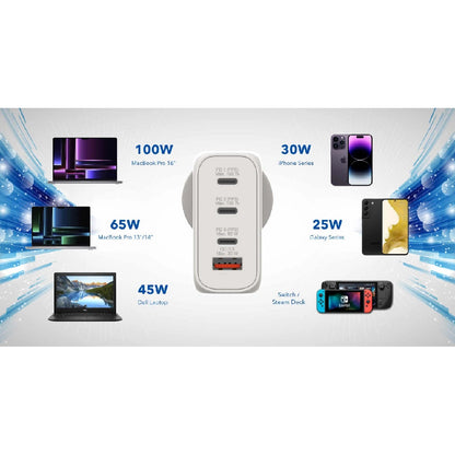 Verbatim 66966 GaN 4-Port Fast-Charger 100W with 3x USB-C and 1x USB-A Port