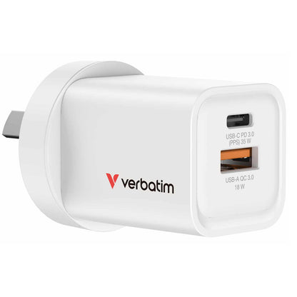 Verbatim 67015 35W 2-Port GaN Charger | 1x USB-C and 1x USB-A (White)