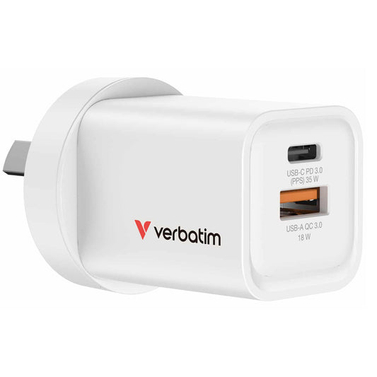 Verbatim 67015 35W 2-Port GaN Charger | 1x USB-C and 1x USB-A (White)