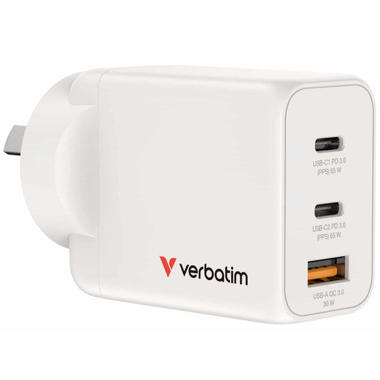 Verbatim 67016 GaN 3-Port Fast-Charger 65W with 2x USB-C and 1x USB-A Port