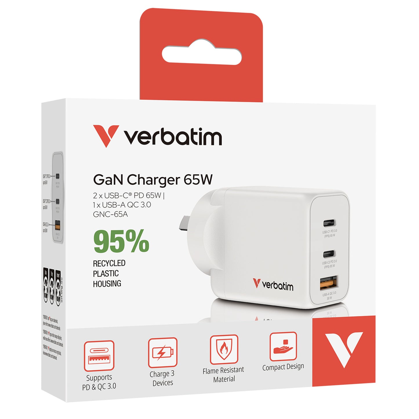 Verbatim 67016 GaN 3-Port Fast-Charger 65W with 2x USB-C and 1x USB-A Port
