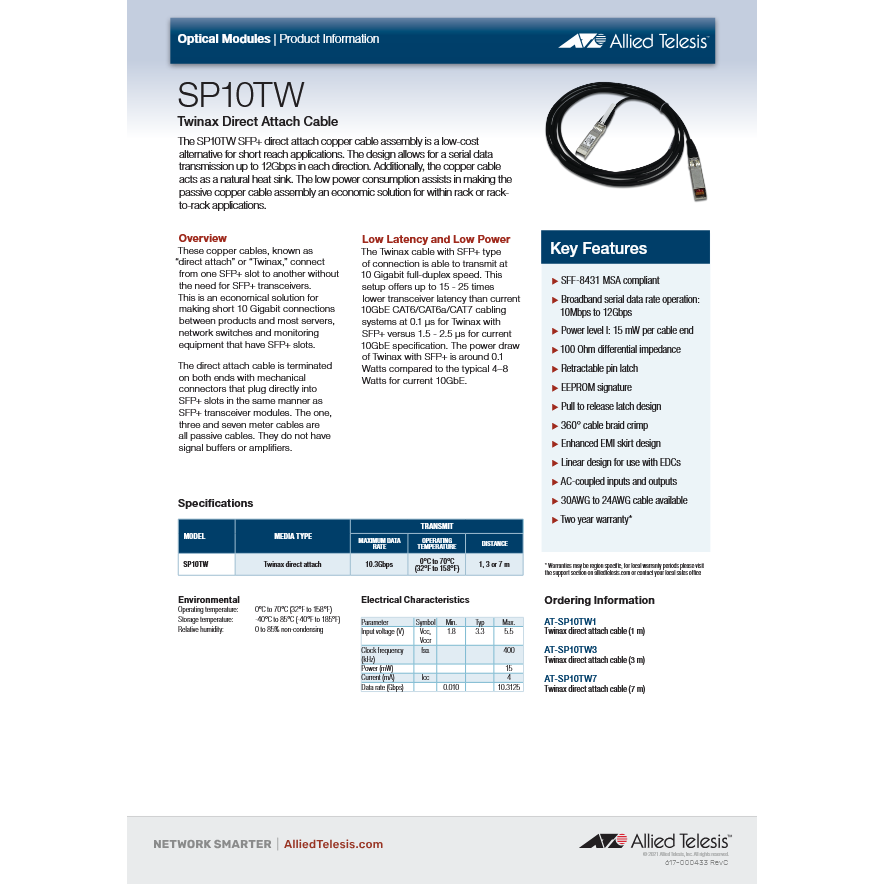 Allied Telesis SP10TW3 SFP Cable SFP+ Twinax Direct Attach Cable 3M