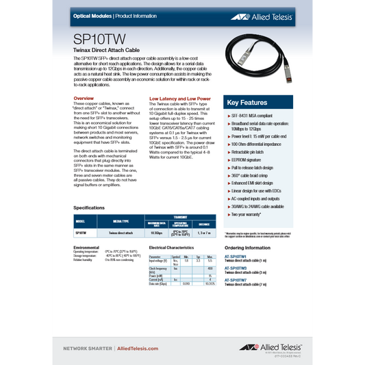 Allied Telesis SP10TW3 SFP Cable SFP+ Twinax Direct Attach Cable 3M
