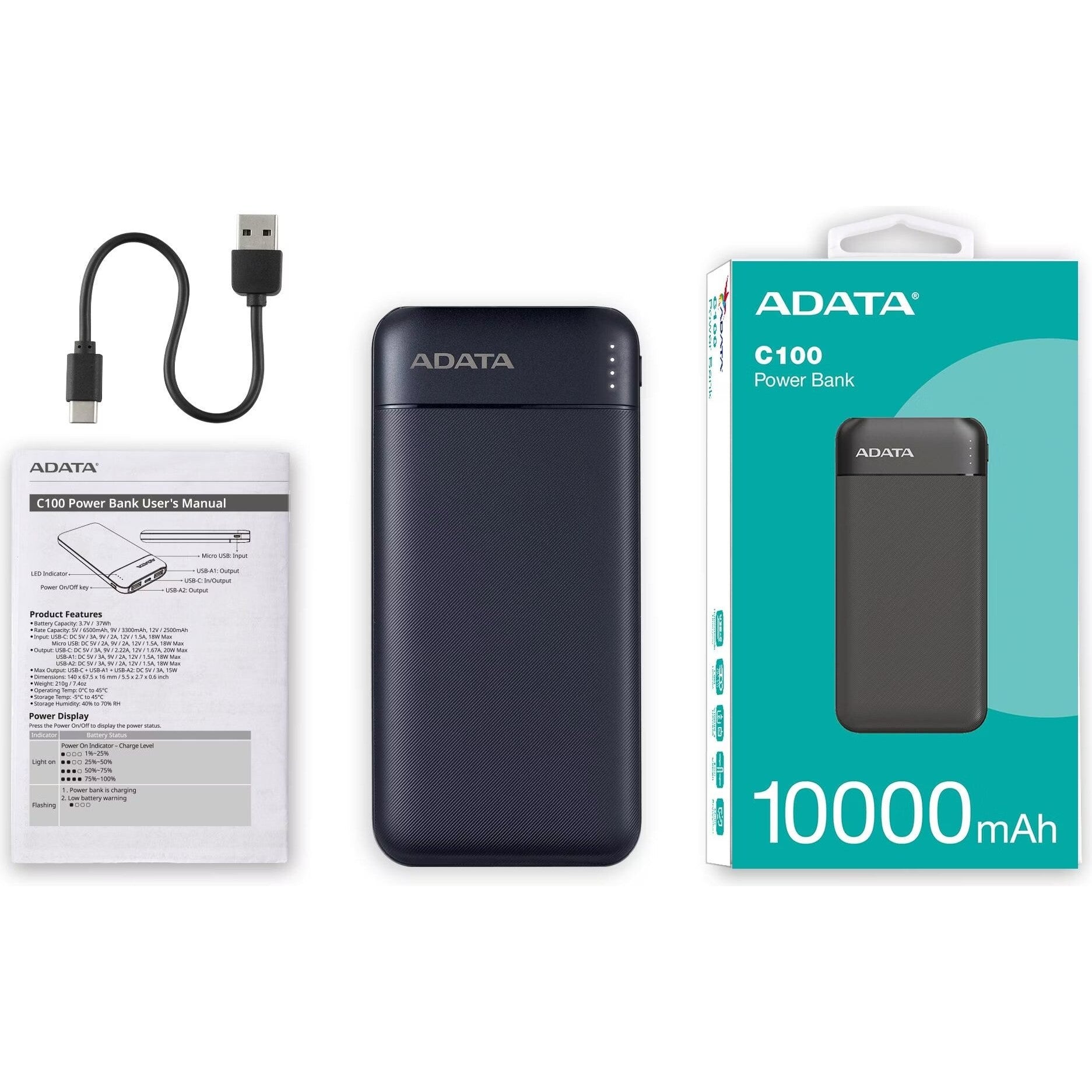 Adata C100 10000mAh 20W USB-C USB-A 3-Output Power Bank Black