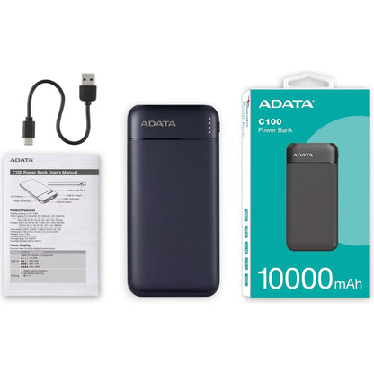 Adata C100 10000mAh 20W USB-C USB-A 3-Output Power Bank Black
