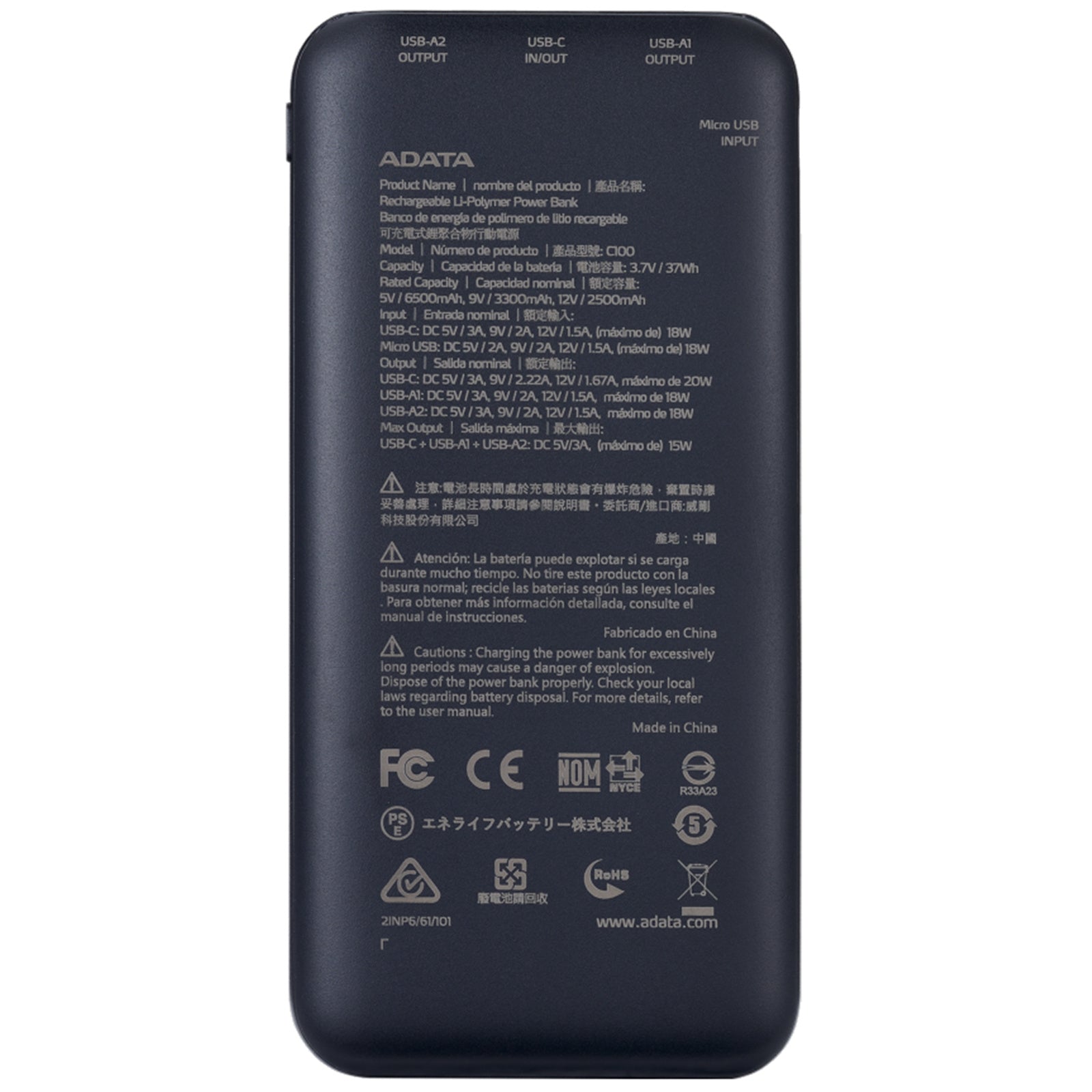 Adata C100 10000mAh 20W USB-C USB-A 3-Output Power Bank Black