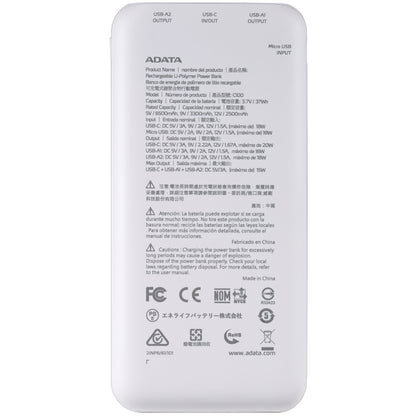 Adata C100 10000mAh 20W USB-C USB-A 3-Output Power Bank White