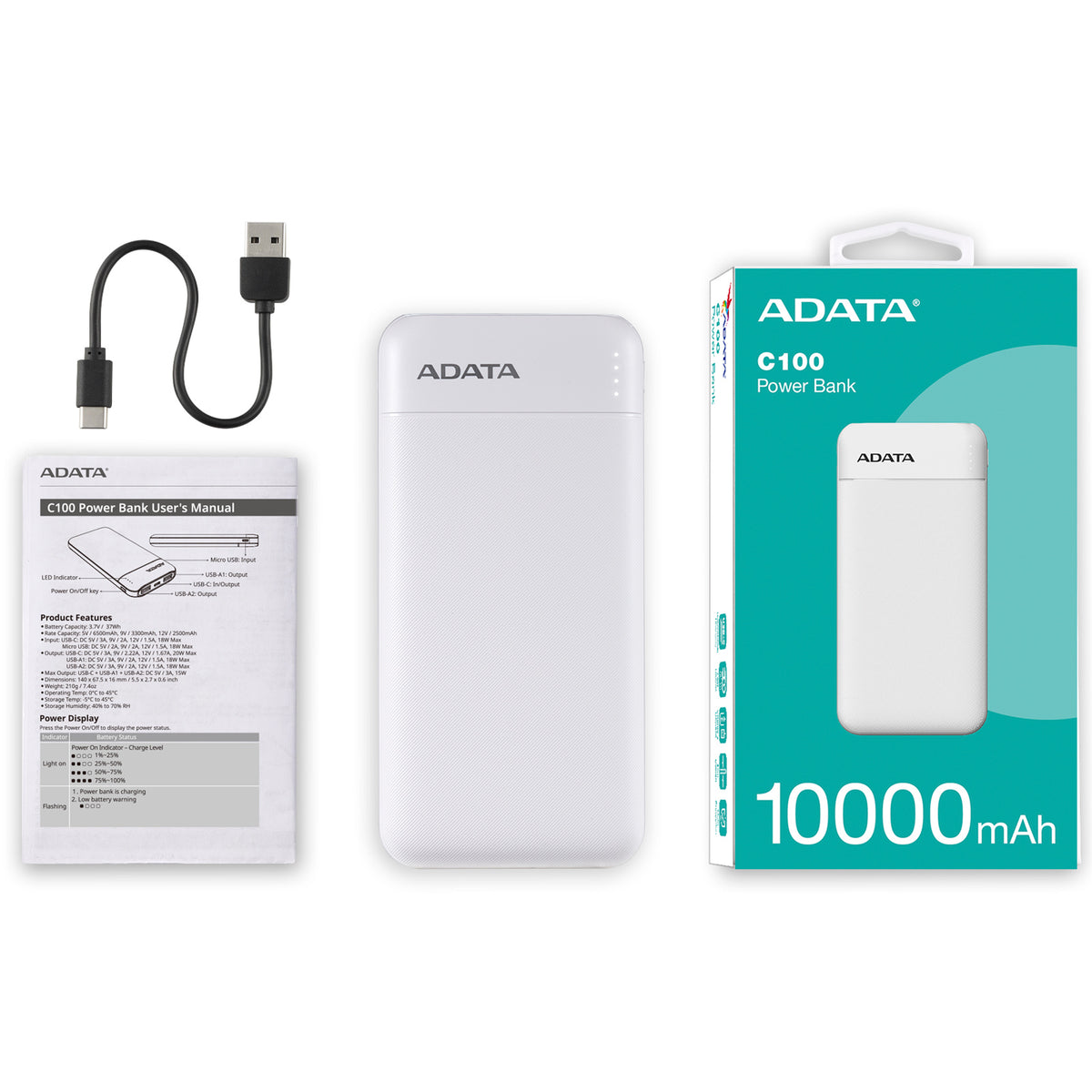 Adata C100 10000mAh 20W USB-C USB-A 3-Output Power Bank White