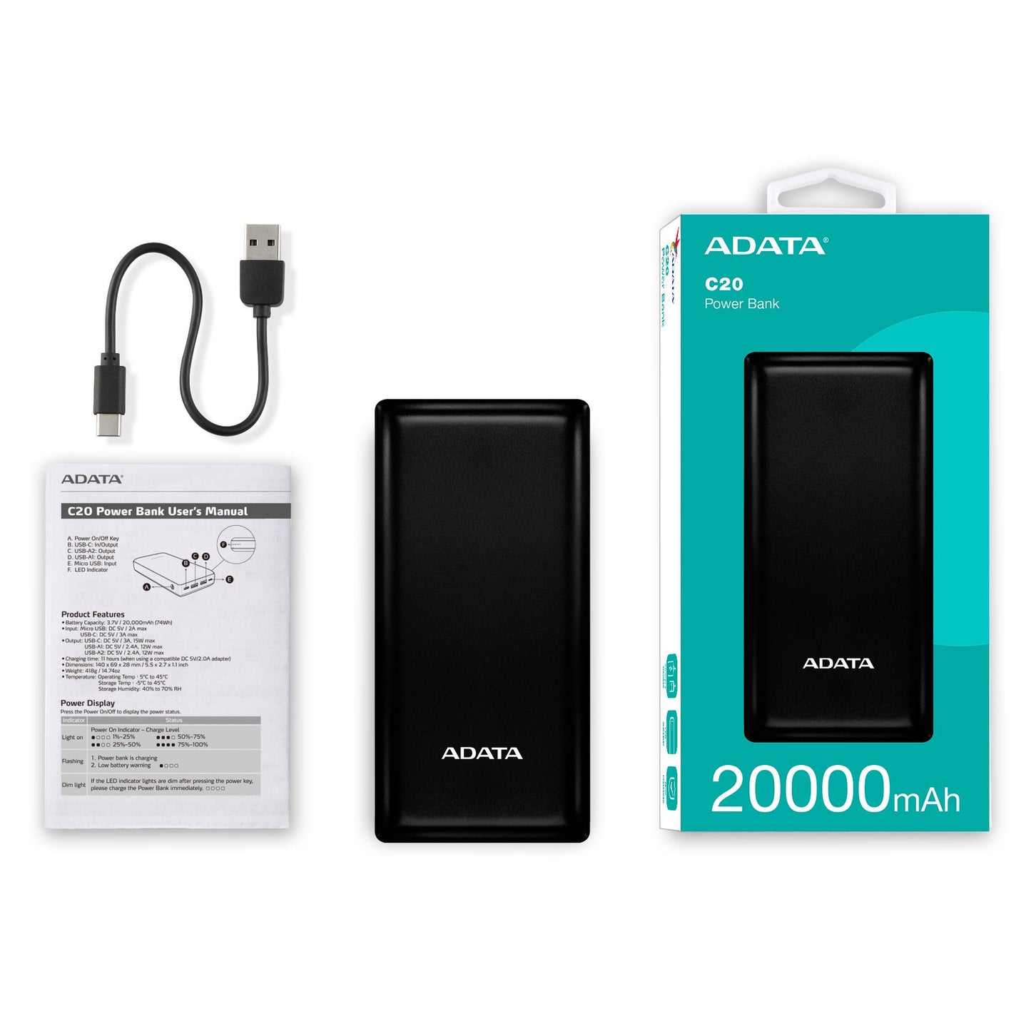 Adata C20 20000mAh Power Bank 2x USB-A + USB-C Powerbank Black
