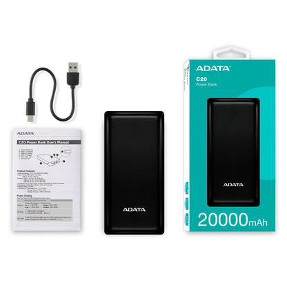 Adata C20 20000mAh Power Bank 2x USB-A + USB-C Powerbank Black