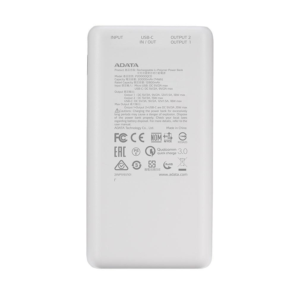 Adata C20 20000mAh Power Bank 2x USB-A + USB-C Powerbank White