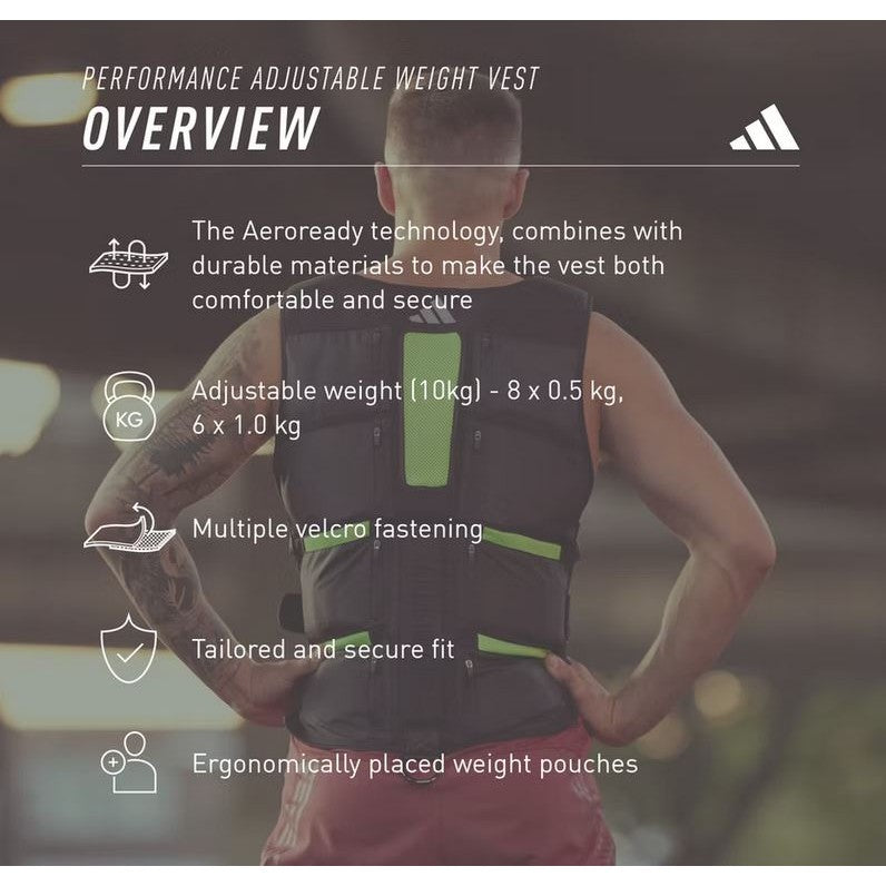 Adidas Performance Adjustable Weight Vest 10kg Cardio Fitness Training (Black/Lime Green)