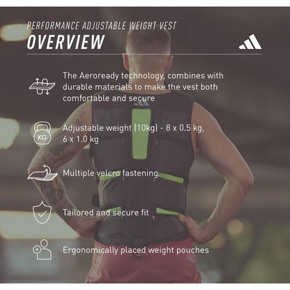 Adidas Performance Adjustable Weight Vest 10kg Cardio Fitness Training (Black/Lime Green)