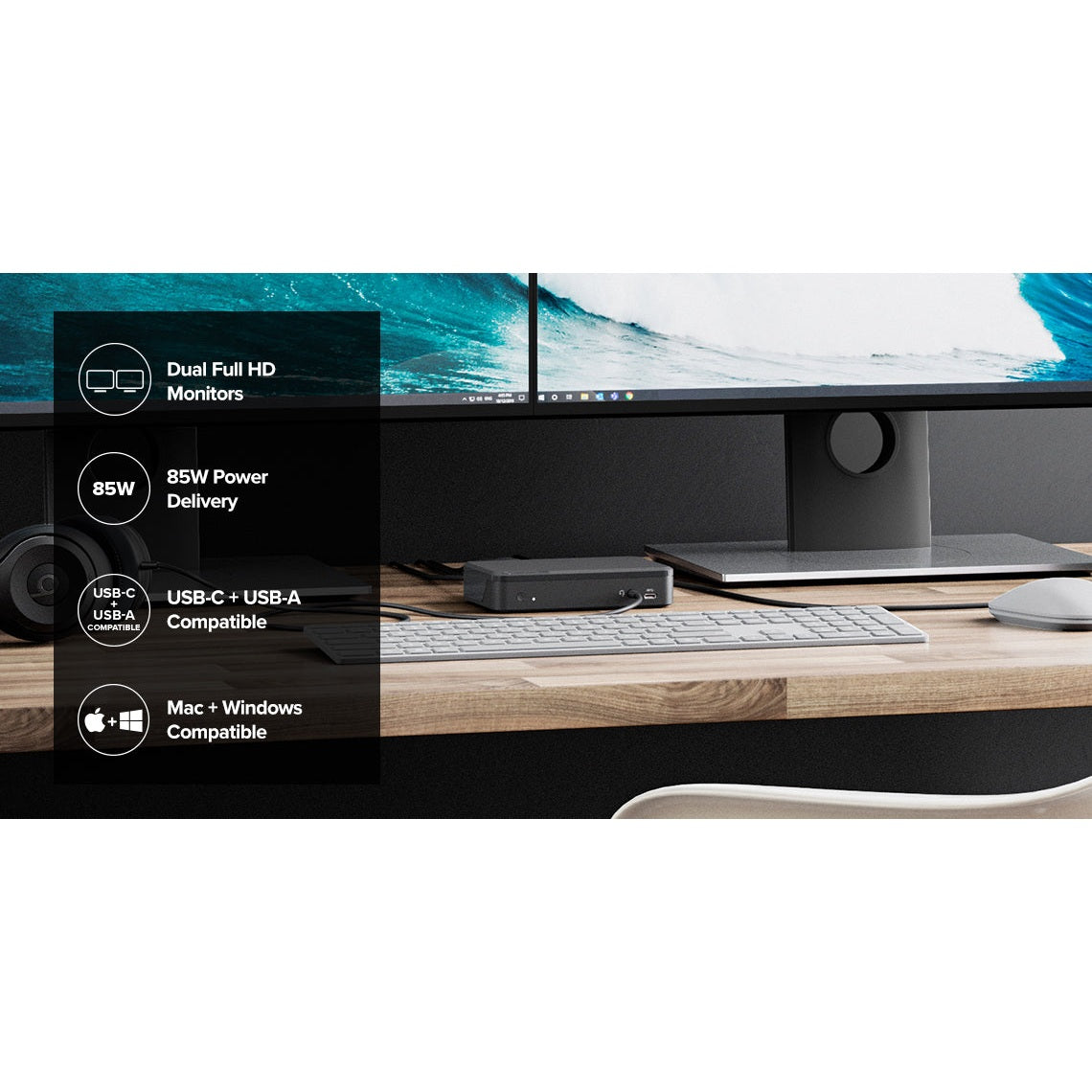 Alogic USB-C & USB 3.0 Dual Display Twin Monitor FHD Pro Docking Station with 85W Power Delivery