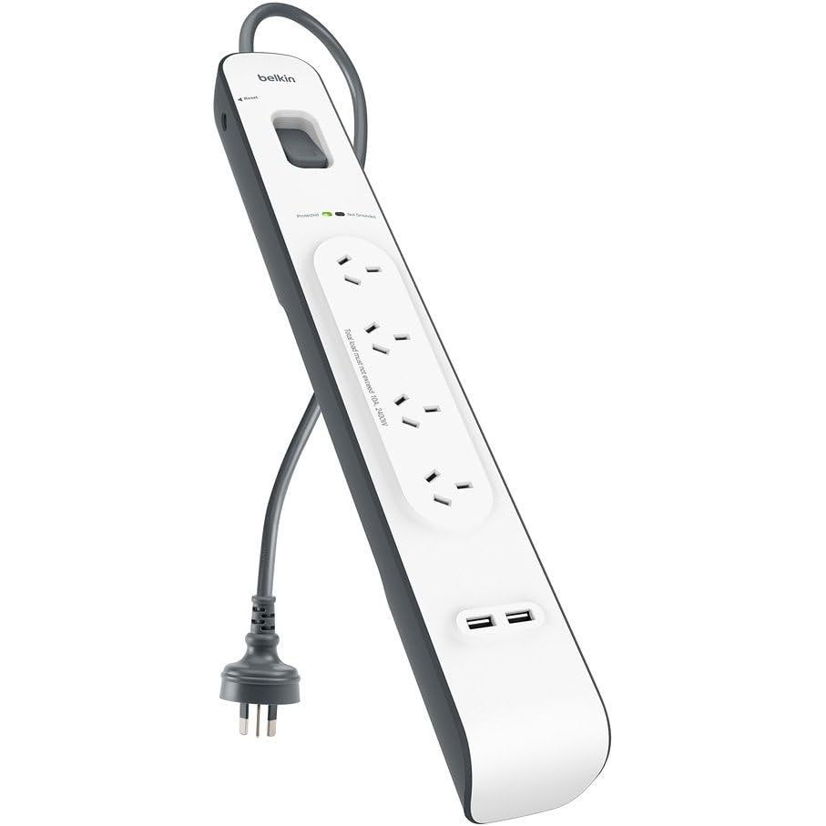 Belkin 4-Outlet Surge Protection Strip with 2x USB-A 2.4 Amp Charging Ports (White/Grey)