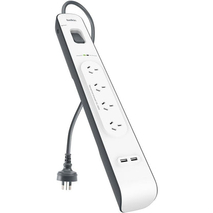 Belkin 4-Outlet Surge Protection Strip with 2x USB-A 2.4 Amp Charging Ports (White/Grey)