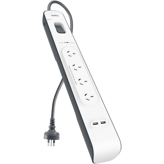 Belkin 4-Outlet Surge Protection Strip with 2x USB-A 2.4 Amp Charging Ports (White/Grey)