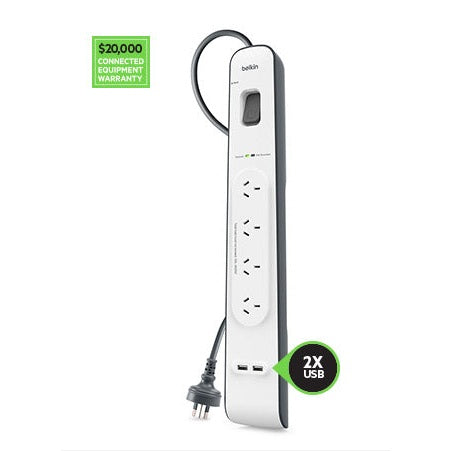 Belkin 4-Outlet Surge Protection Strip with 2x USB-A 2.4 Amp Charging Ports (White/Grey)