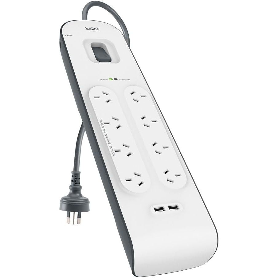 Belkin 8-Outlet Surge Protection Strip with 2x USB-A 2.4 Amp Charging Ports (White/Grey)