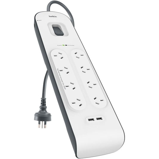 Belkin 8-Outlet Surge Protection Strip with 2x USB-A 2.4 Amp Charging Ports (White/Grey)