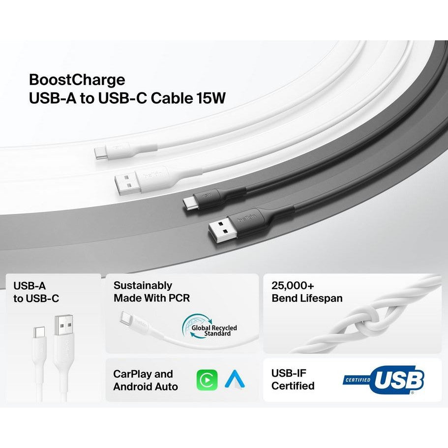 Belkin BoostCharge USB-A to USB-C Cable 15W - 1m (White)