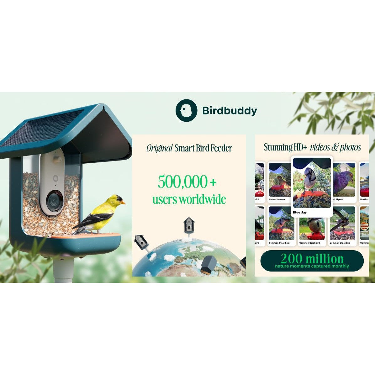 Birdbuddy Pro Solar Smart Bird Feeder with Solar Powered Roof and 2K 1440p AI Camera Blue
