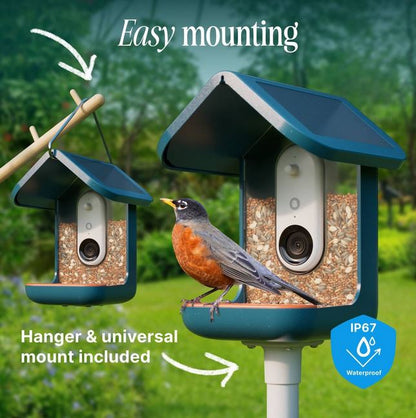Birdbuddy Pro Solar Smart Bird Feeder with Solar Powered Roof and 2K 1440p AI Camera Blue