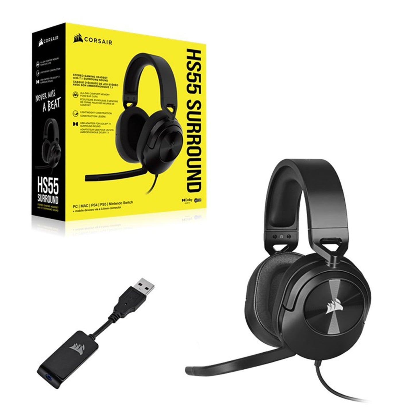 Corsair HS55 Surround Over-Ear Gaming Headset - 3.5mm / USB (Black)