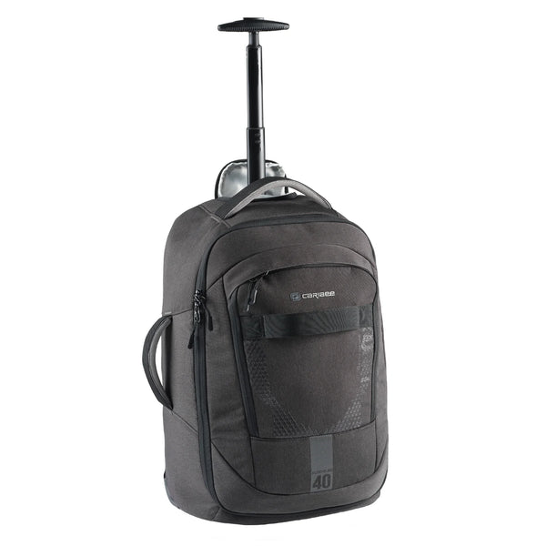 Black Caribee Adventure 40L trolley backpack with extended handle and front pocket logo