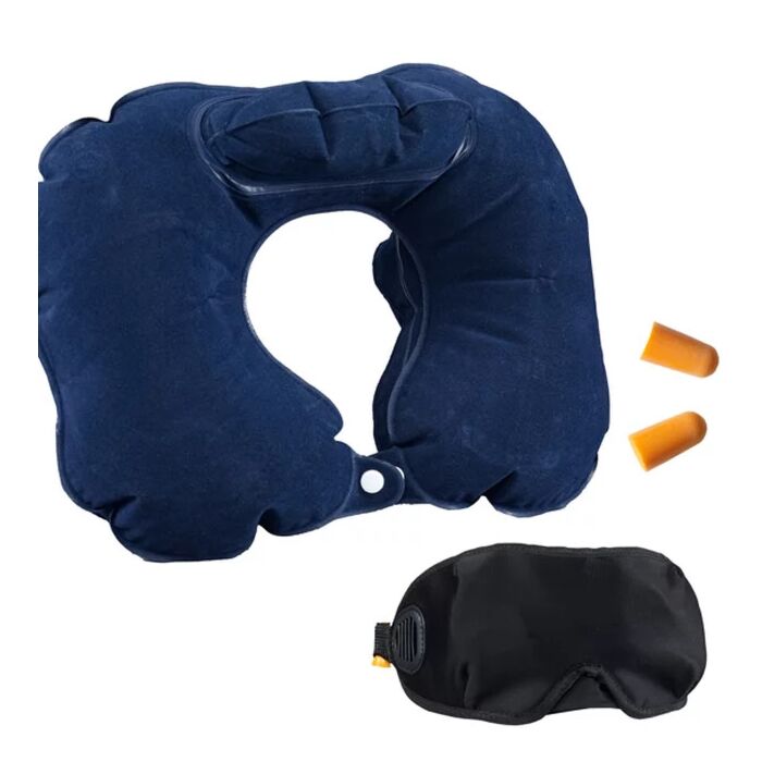 Caribee Comfort Travel Kit 3-Piece - 3D Eye Mask Inflatable Neck Pillow Ear Plugs Navy/Black