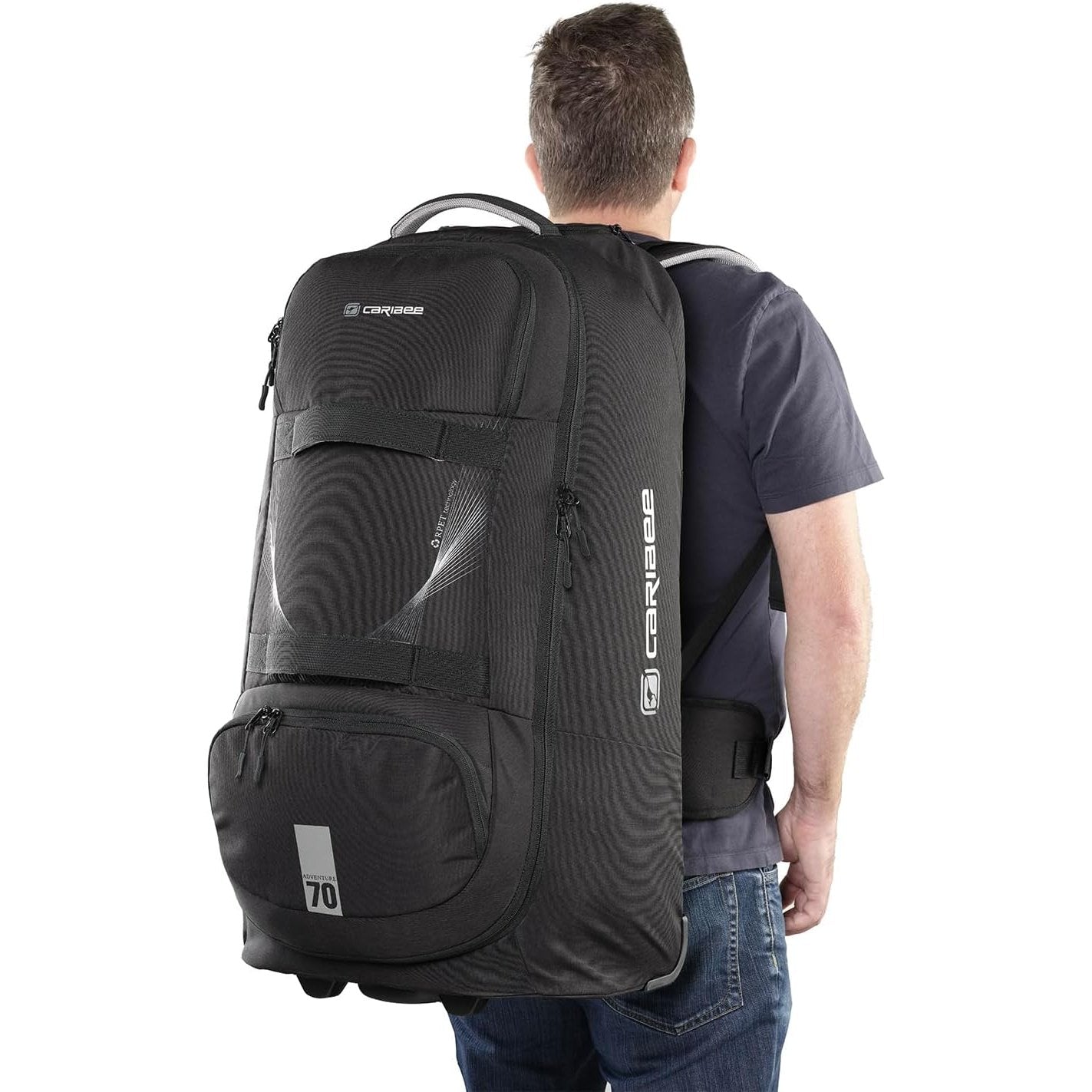 Caribee Adventure Hybrid Wheel Trolley Wheeled Travel Pack Backpack 70L Black
