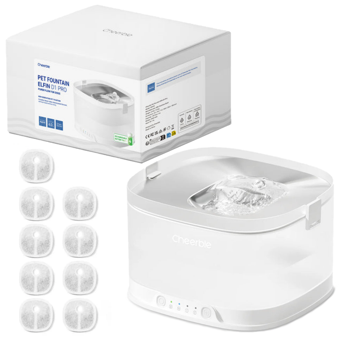 Cheerble Elfin D1 Pro Wireless Pet Water Fountain for Dogs 4L Bundle with 8x Extra Filter Replacement Filters