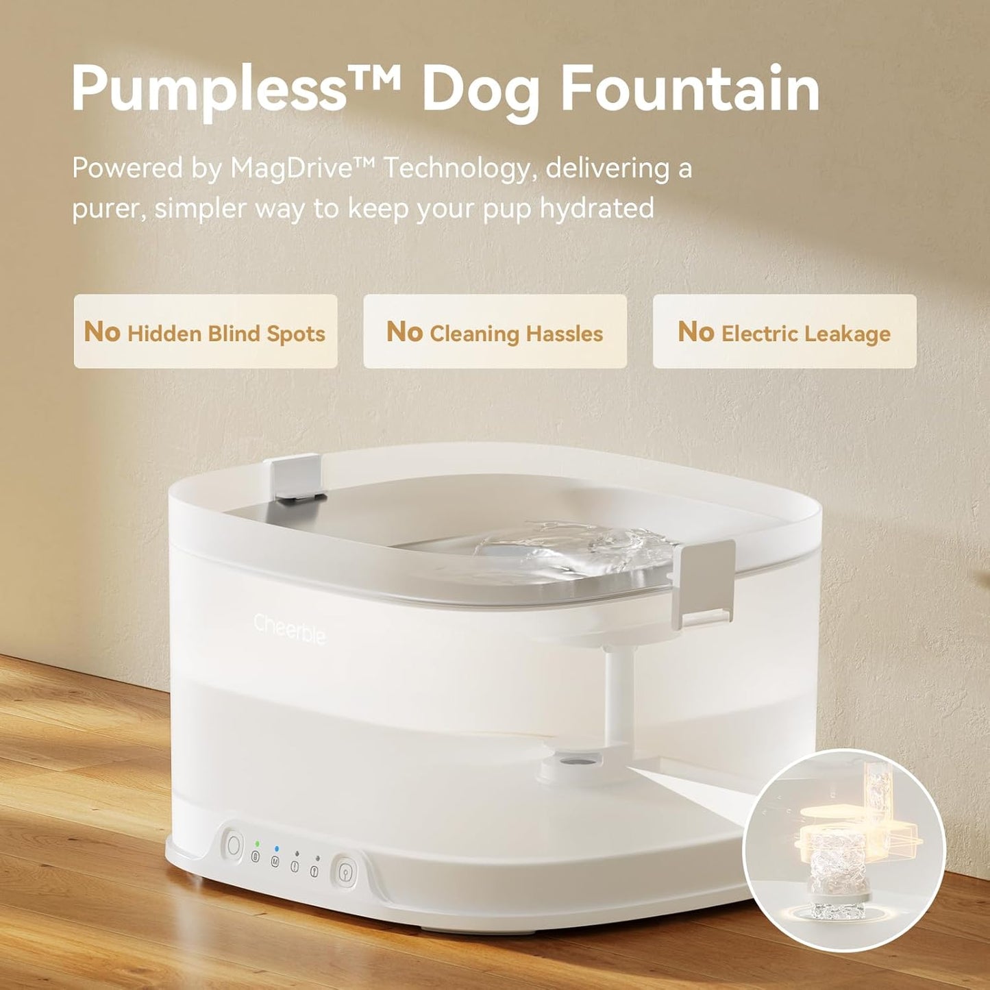 Cheerble Elfin D1 Pro Wireless Pet Water Fountain for Dogs 4L Battery & USB-C DC 5V Powered