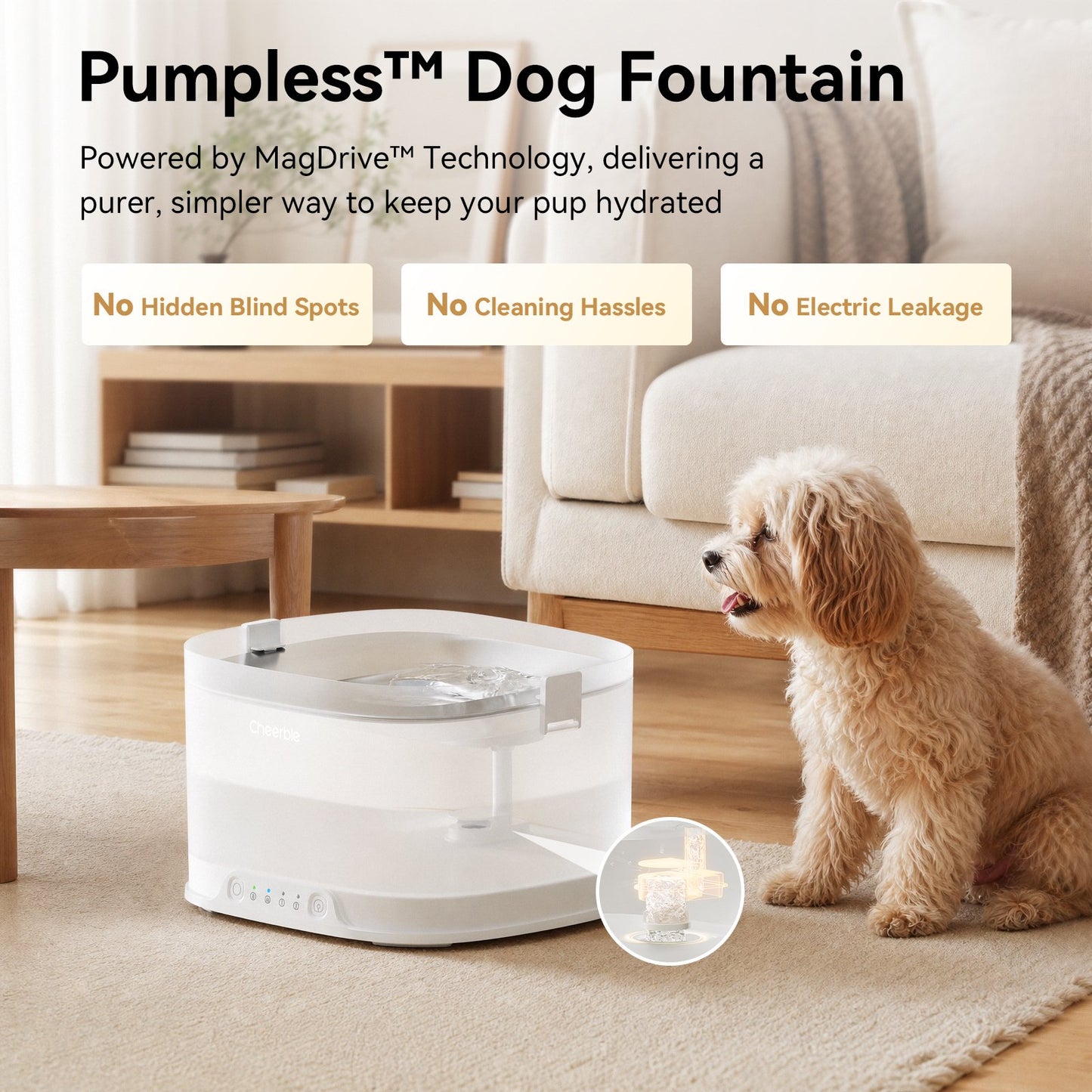 Cheerble Elfin D1 Pro Wireless Pet Water Fountain for Dogs 4L Battery & USB-C DC 5V Powered