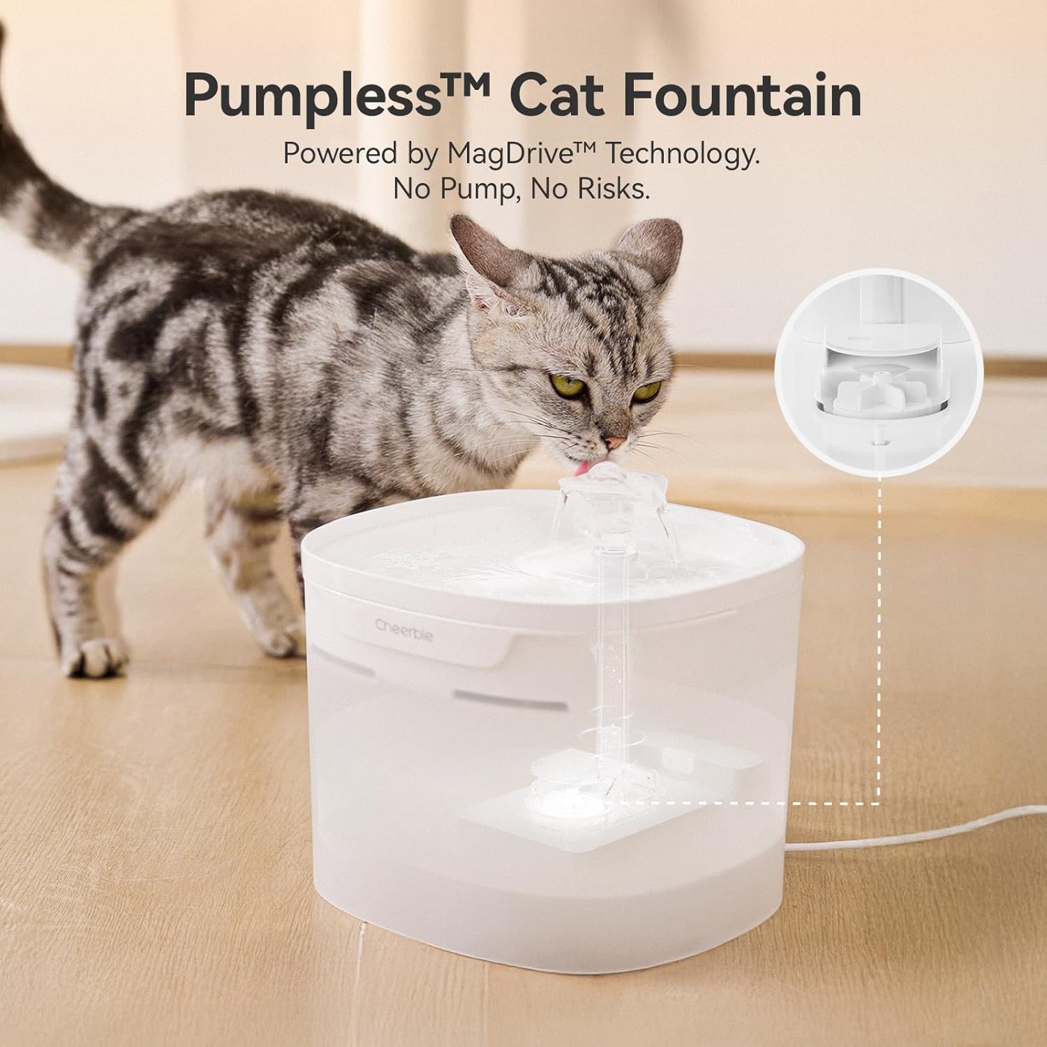 Cheerble Elfin E1 Lite Pet Water Fountain 2L for Cats and Dogs - USB DC 5V Powered White