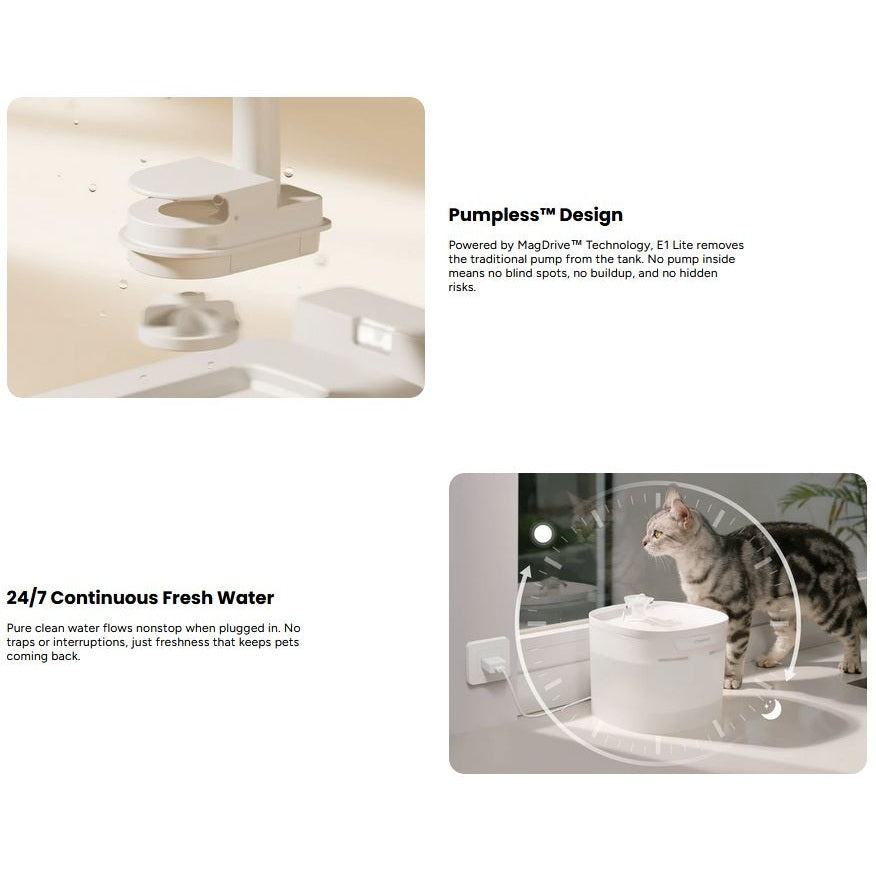 Cheerble Elfin E1 Lite Pet Water Fountain 2L for Cats and Dogs - USB DC 5V Powered White