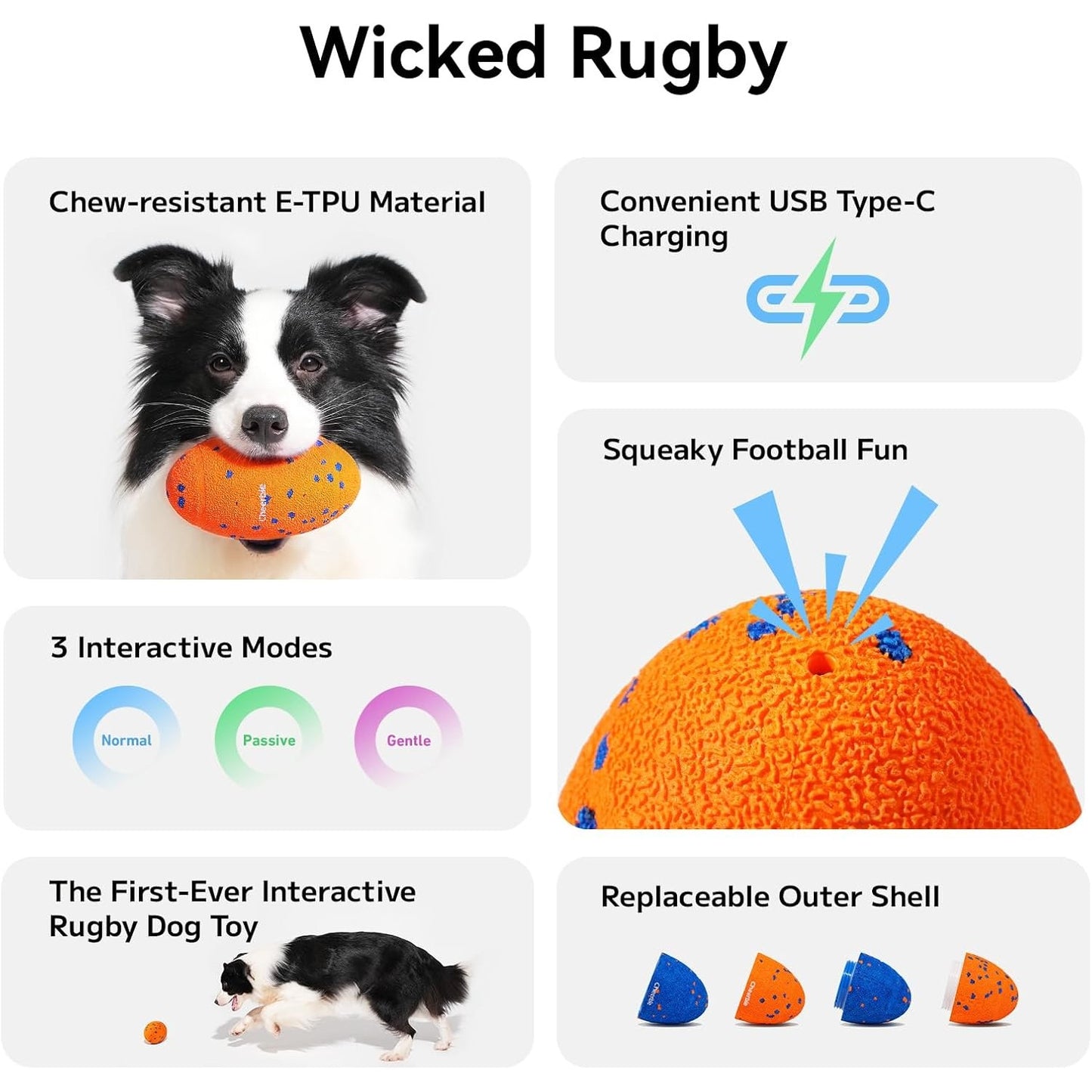 Cheerble Wicked Rugby Ball Interactive Dog Ball Smart Dog Toy Bright Orange
